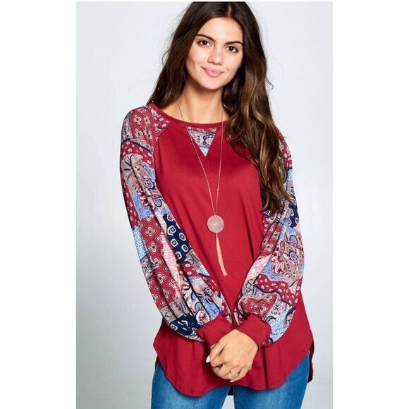 EMERALD Top 3XL Red Rayon Blend Patchwork Long Balloon Sleeve Raglan Blouse EUC - Picture 1 of 14